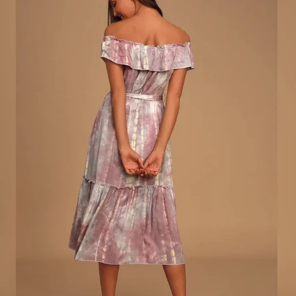 Lulus Dazed Purple Multi Tie-Dye Ruffled Off-the-Shoulder Midi Dress M - Picture 4 of 11